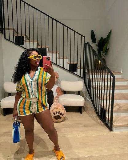 CM.YAYA Women's Set Striped Knitted Short Sleeve Button Shirt and Shorts  Summer Two 2 Piece Set Outfit Ribbed Tracksuit