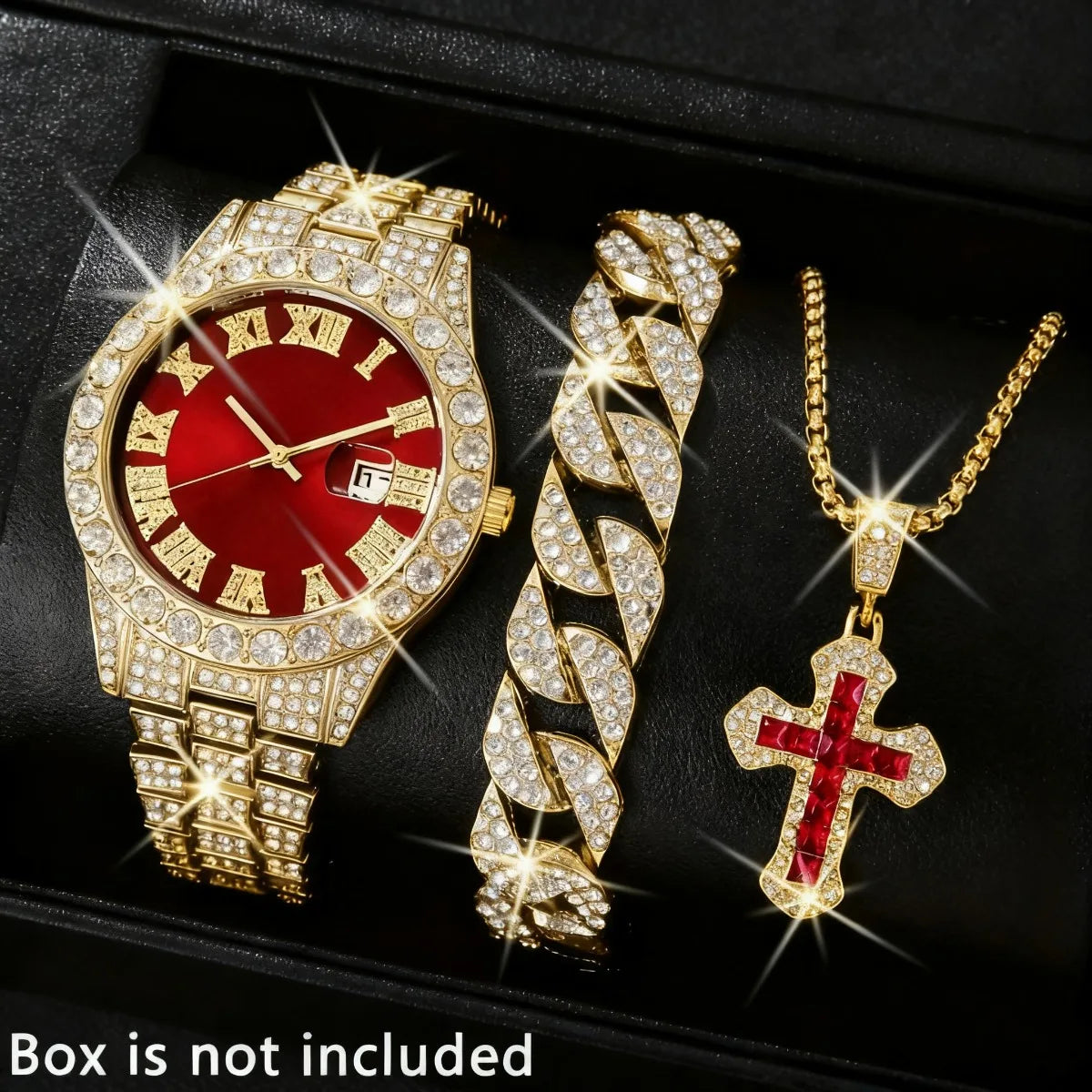 3PCS Luxury Full Diamond Men Watch Bracelet Necklace Set Fashion Hip Pop Men's Calendar Quartz Watches Reloj Mujer?Without Box?