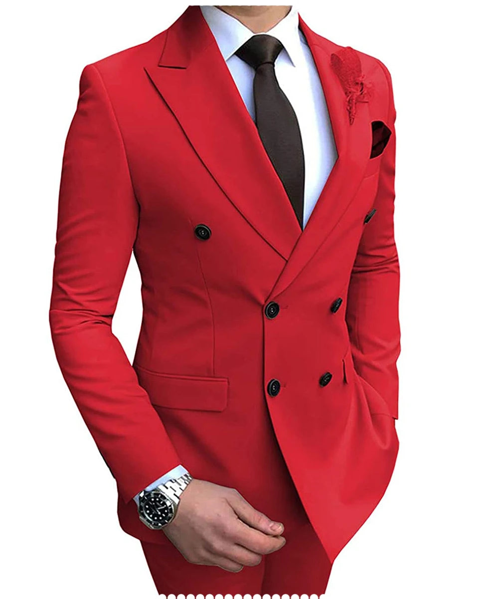 New Beige Men's Suit 2 Pieces Double Breasted Notch Lapel Flat Slim Fit Casual Tuxedos For Wedding(Blazer+Pants)