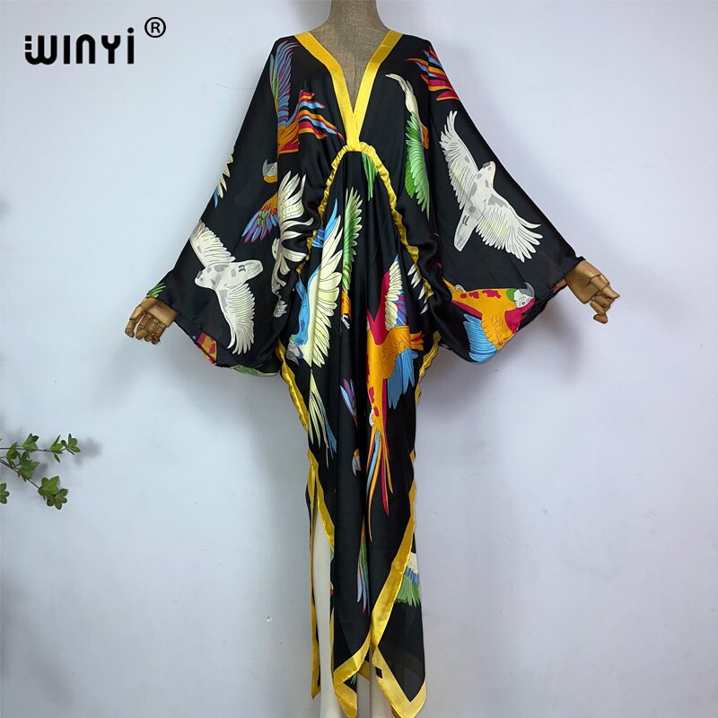Sexy bech high-quality hand-rolled feel silk rayon fashion print  WINYI Maxi women's robes long beach V-neck Bohemian dress