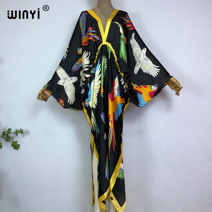 Sexy bech high-quality hand-rolled feel silk rayon fashion print  WINYI Maxi women's robes long beach V-neck Bohemian dress