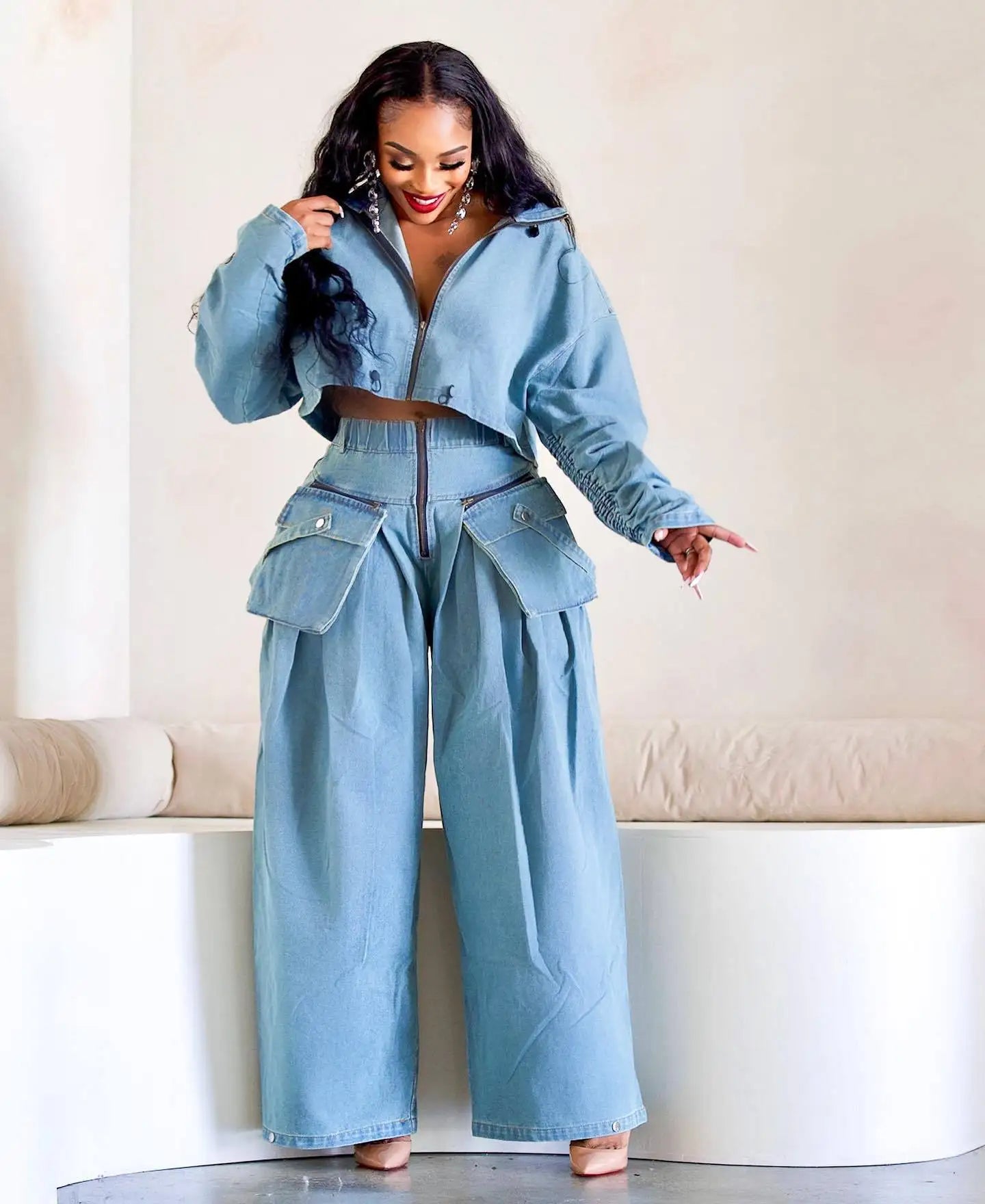 fashion retro women's casual wide leg loose heavy duty denim two-piece set for women two piece set women sexy club  zevity