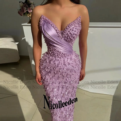 Nicolle Luxury V Neck Prom Dresses for Women Pearls Crystals Sequined Pleats Sheath Party Vestidos De Festa Customized