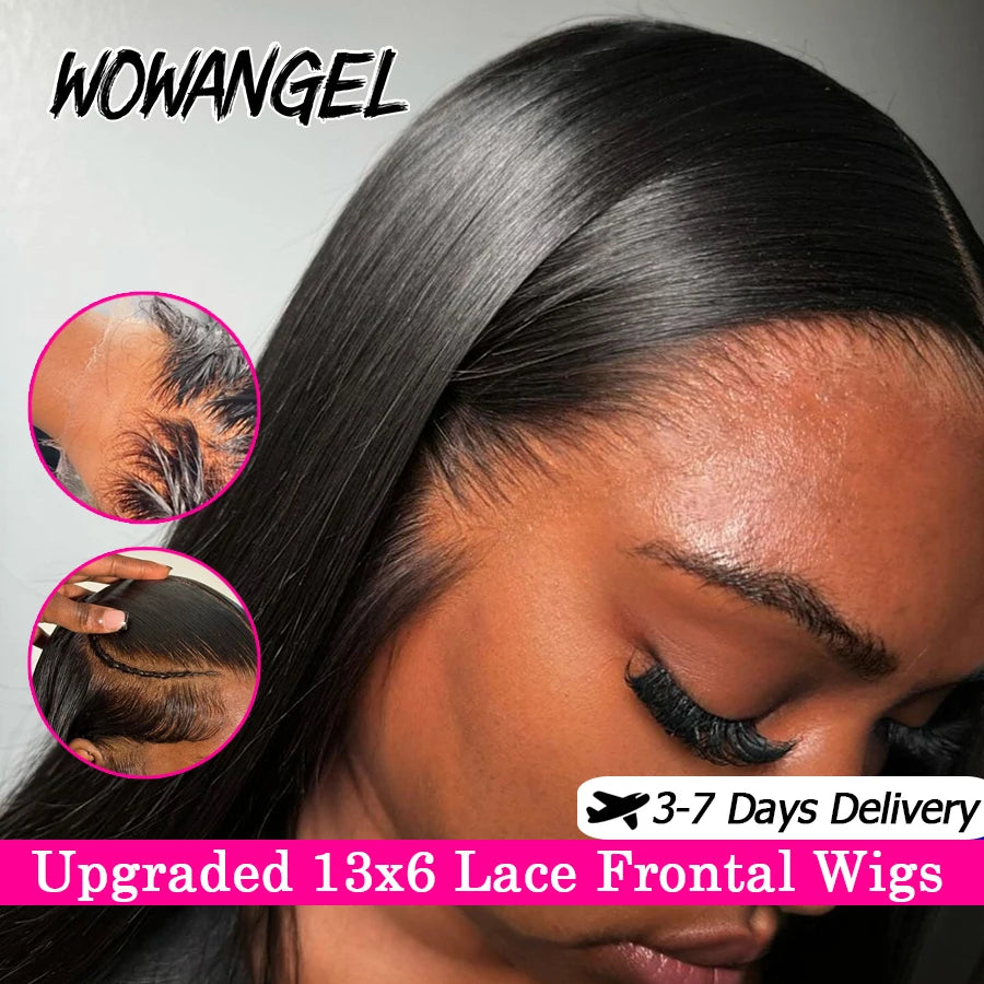 WowAngel 250% Verbesserte 13x6 HD Lace Full Frontal Wigs Glueless Glatte Echthaarperücken Vorgezupfte Natürliche Kopfhaut Brasilianisches Haar