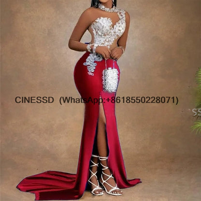 Side Split Mermaid Prom Dresses With Sheer Long Sleeves Appliques Women Long Sweep Train Graduation Dress Evening customized