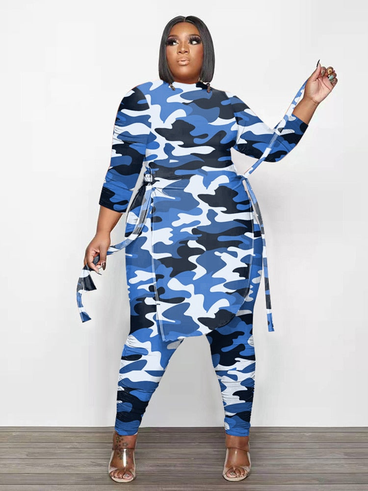 Plus Size 2 Piece Set Women 5xl Fall Long Sleeve Top and Pant Suit Camouflage Outfit Two Piece Wholesale Bulk Dropshipping