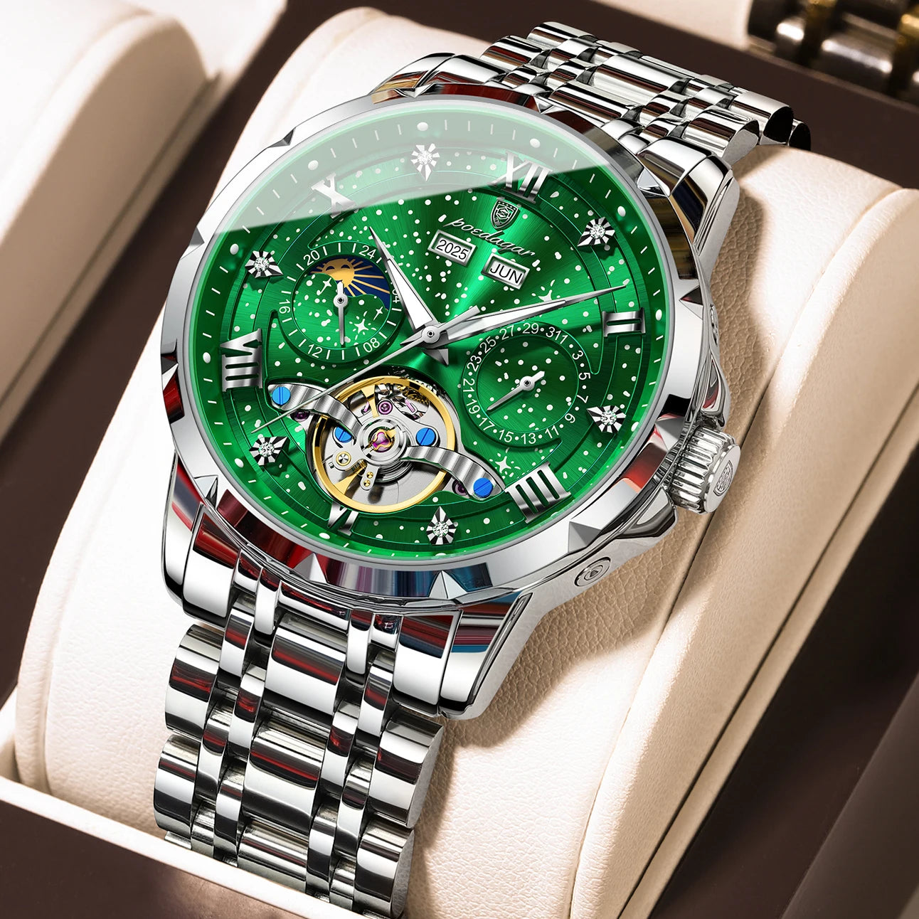 POEDAGARTopOriginal Men Clock Automatic MechanicalStainless Steel Men's Watches Calendar Hollow Tourbillon Man Watch Male+Box