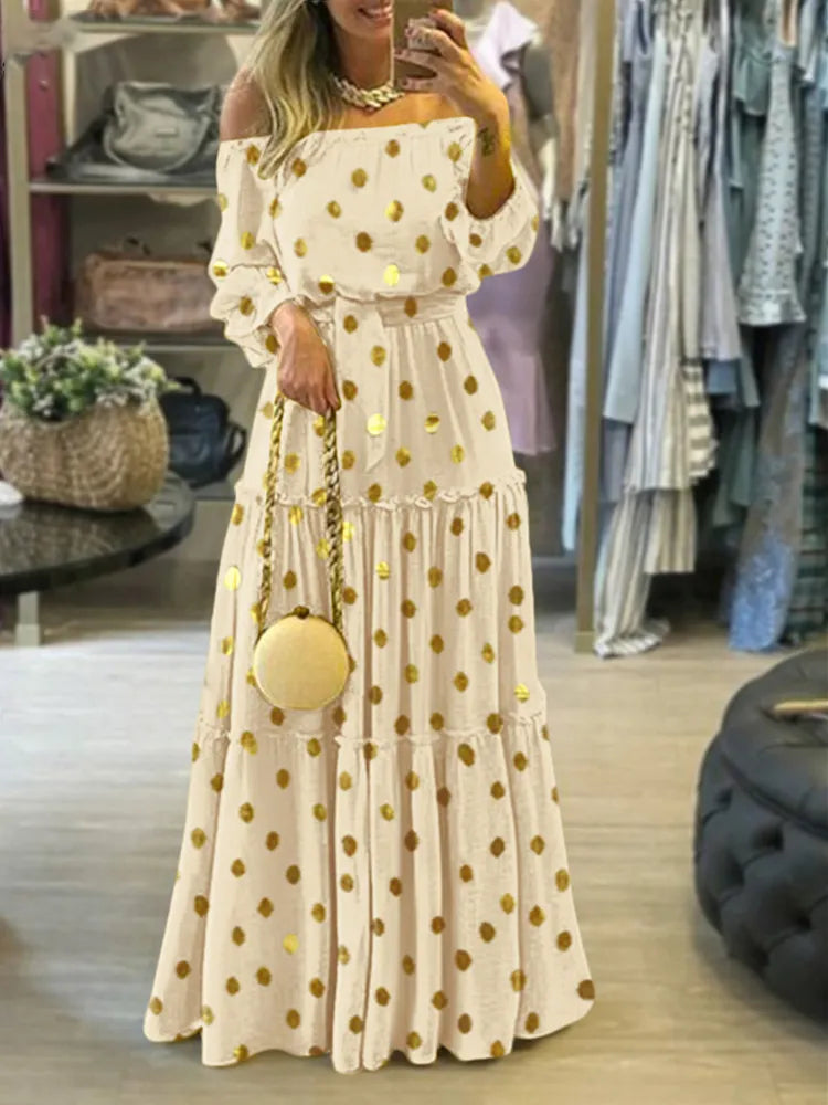 Oversized Loose Maxi Dress Women Sexy Slash Neck Off Shoulder Long Dress Female Solid Long Sleeve Ruffles Bohemian Casual Dress