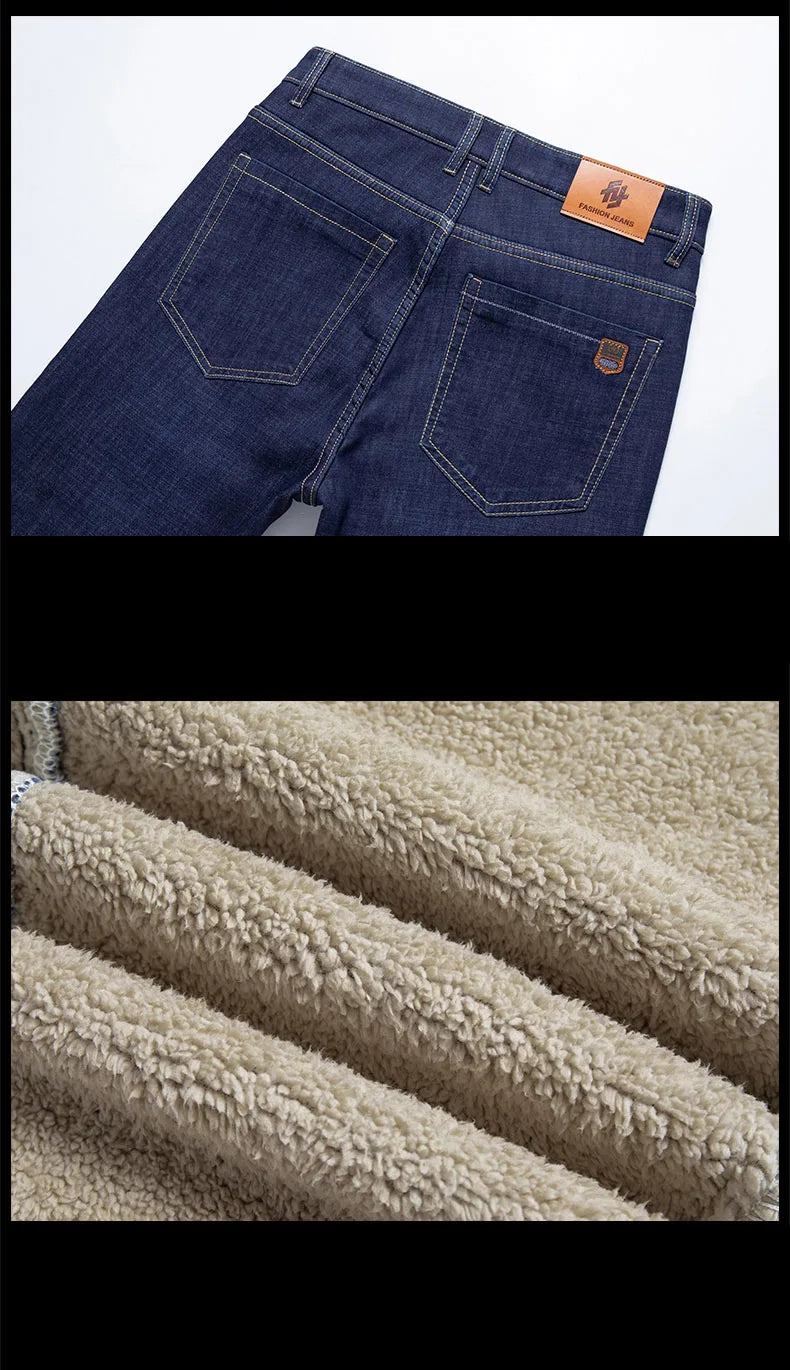 Winter Lamb Fluff Denim Straight Pants Men Thicken Big Size 40 Jeans High Waist Stretch Jeansy Fleece Lined Warm Slim Vaqueros