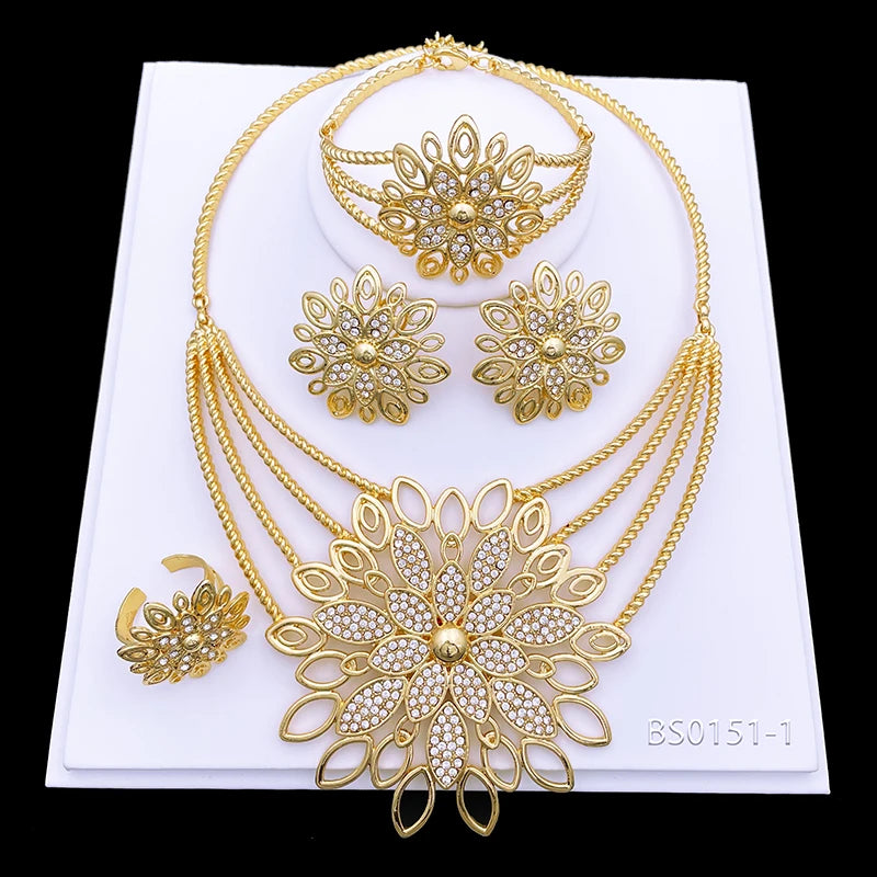 Dubai 18K Gold Plated Jewelry Set Vintage Women Necklaces Earrings Rings Bracelet Full Jewelry Luxury Wedding Party Accessories