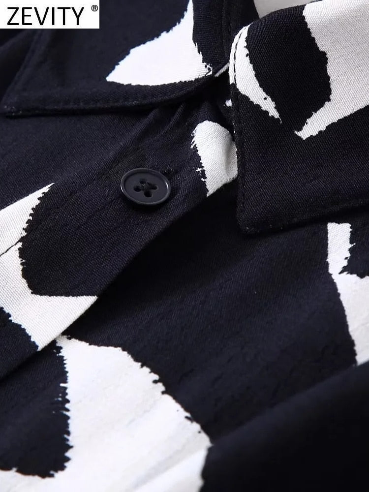 Zevity New Women Vintage Graffiti Print Casual Slim Sashes Midi Shirt Dress Female Chic Long Sleeve Business Vestidos DS2061