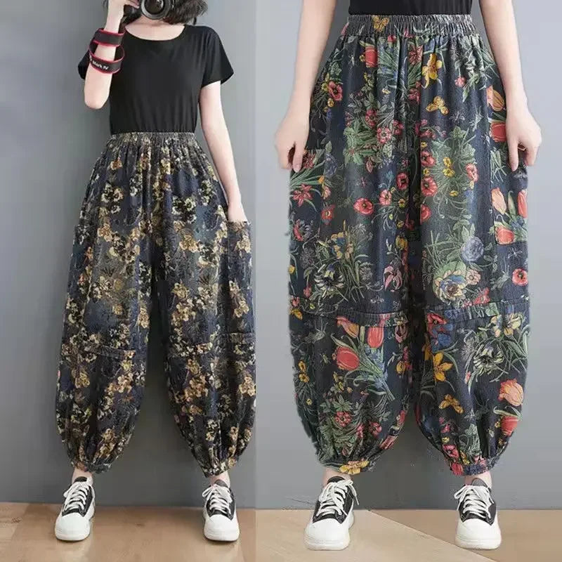 New Fashion Ladies Printed Floral Jeans Women Vintage Blue Denim Pants Female Street Style Oversized Bloomers Pantalons