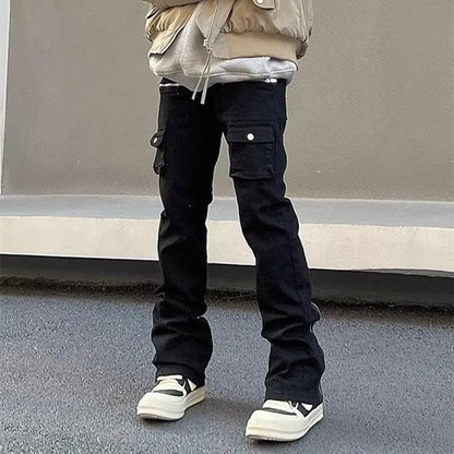 Y2K Fashion Zipper Black Flared Jeans Cargo Pants For Men Designer Clothes Straight Solid Casual Long Trousers Ropa Hombre