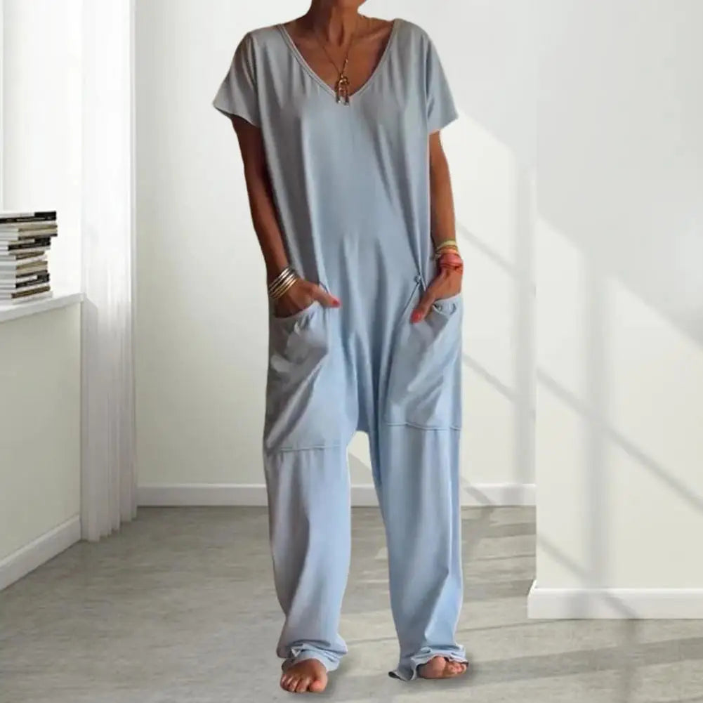 Women Loose Jumpsuit Versatile Women's V-neck Jumpsuit Stylish Crotch Design Loose Fit with Big Pockets for Casual Daily Wear