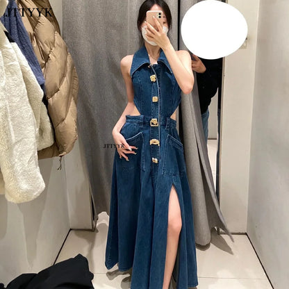 Autumn Summer Ladies Denim Dress Sleeveless Pockets Single Breasted Women Shirt Floor Length Party Beach Sexy Dresses