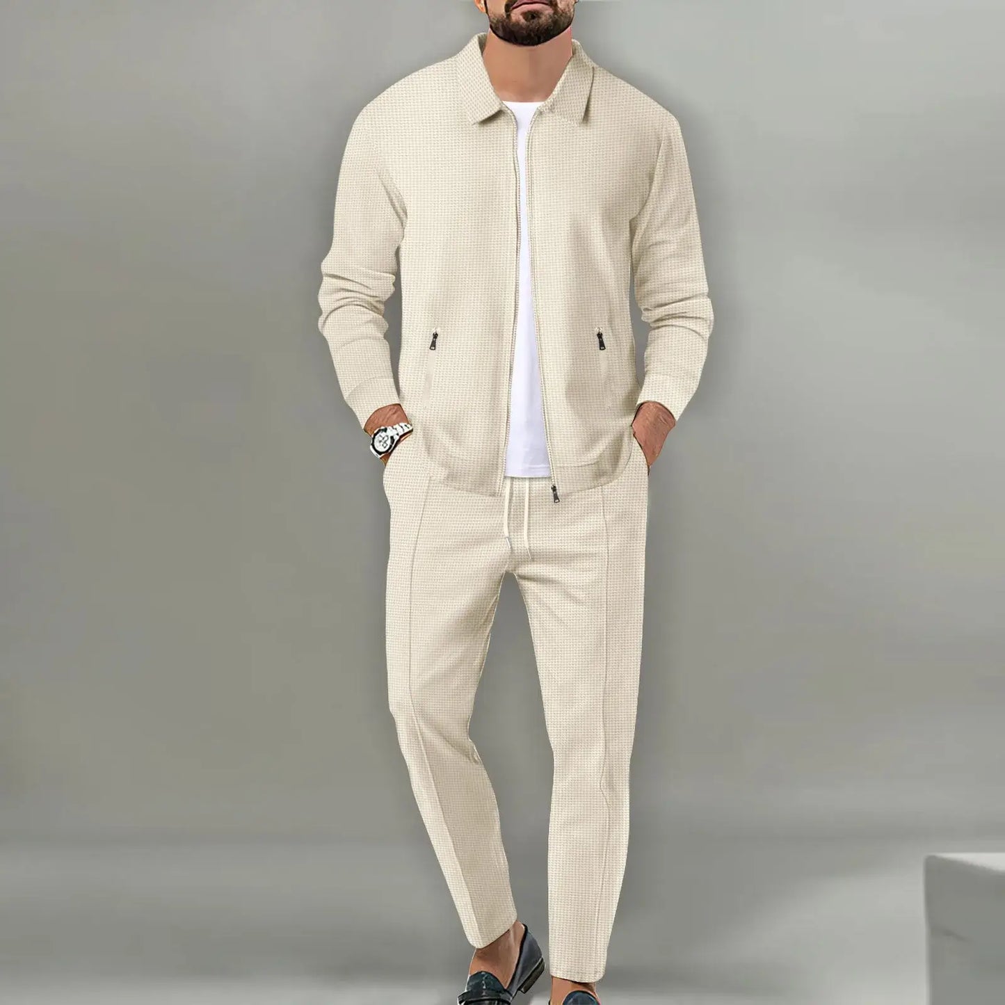 Das neue zweiteilige Freizeit-Sportset für Herren, Frühling und Herbst 2025, mit beliebter unifarbener Jacke und Hose