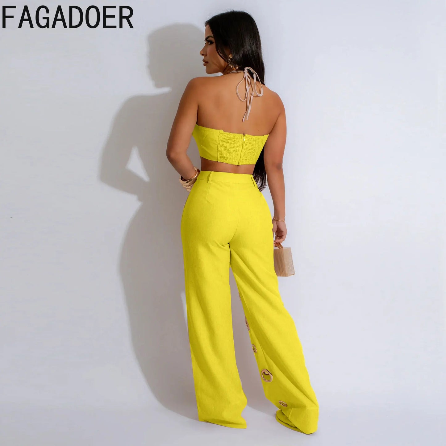 FAGADOER Sexy Solid Hole Wide Leg Pants Streetwear Women Halter Sleeveless Backless Crop Top And Pants Two Piece Sets Outfits