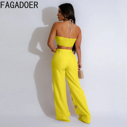 FAGADOER Sexy Solid Hole Wide Leg Pants Streetwear Women Halter Sleeveless Backless Crop Top And Pants Two Piece Sets Outfits