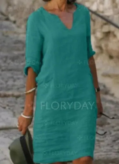 Vintage Solid Mini Dress Women Fashion Summer V-neck Three Quater Sleeve Cotton Linen Party Dresses Ladies Casual Femme Vestidos