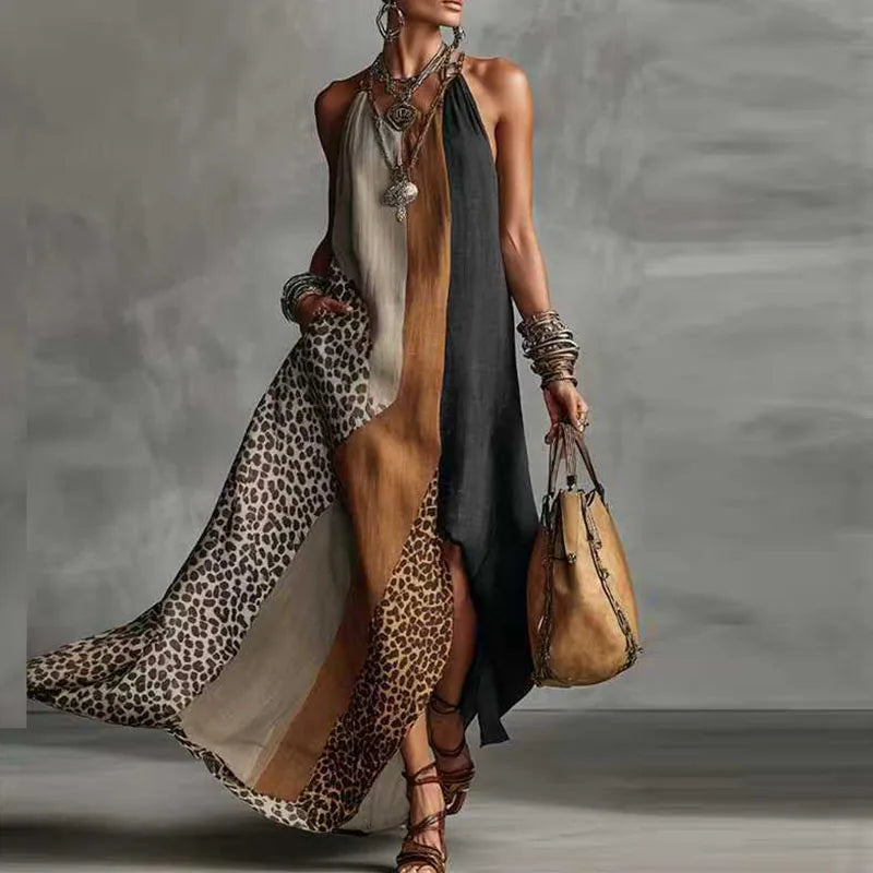 Women Patchwork Animal Print Elegant Party Dresses 2026 Spring Halter Split Hem Long Dress Summer Sleeveless Vacation Maxi Dress