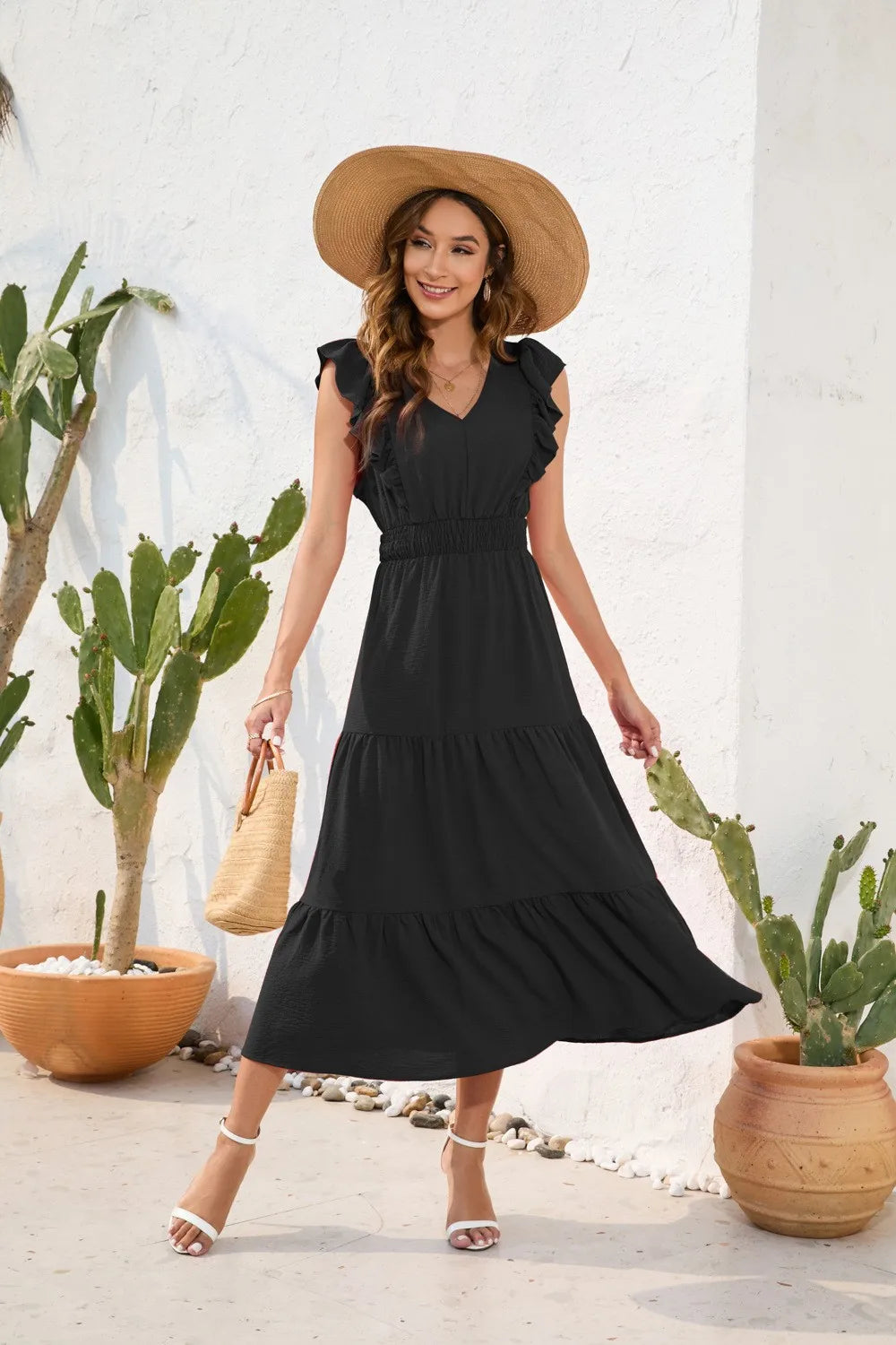 Summer Woman Dress V Neck Sleeveless Red Dresses High Waist A Line Green Maxi Dress Tiered Skirt Boho Black Casual Dress