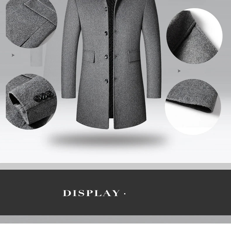 BROWON Brand Winter Coat Men  Autumn Solid Turn-Down Collar Wool Long Jacket for Men New Business Casual Keep Warm Outerwear