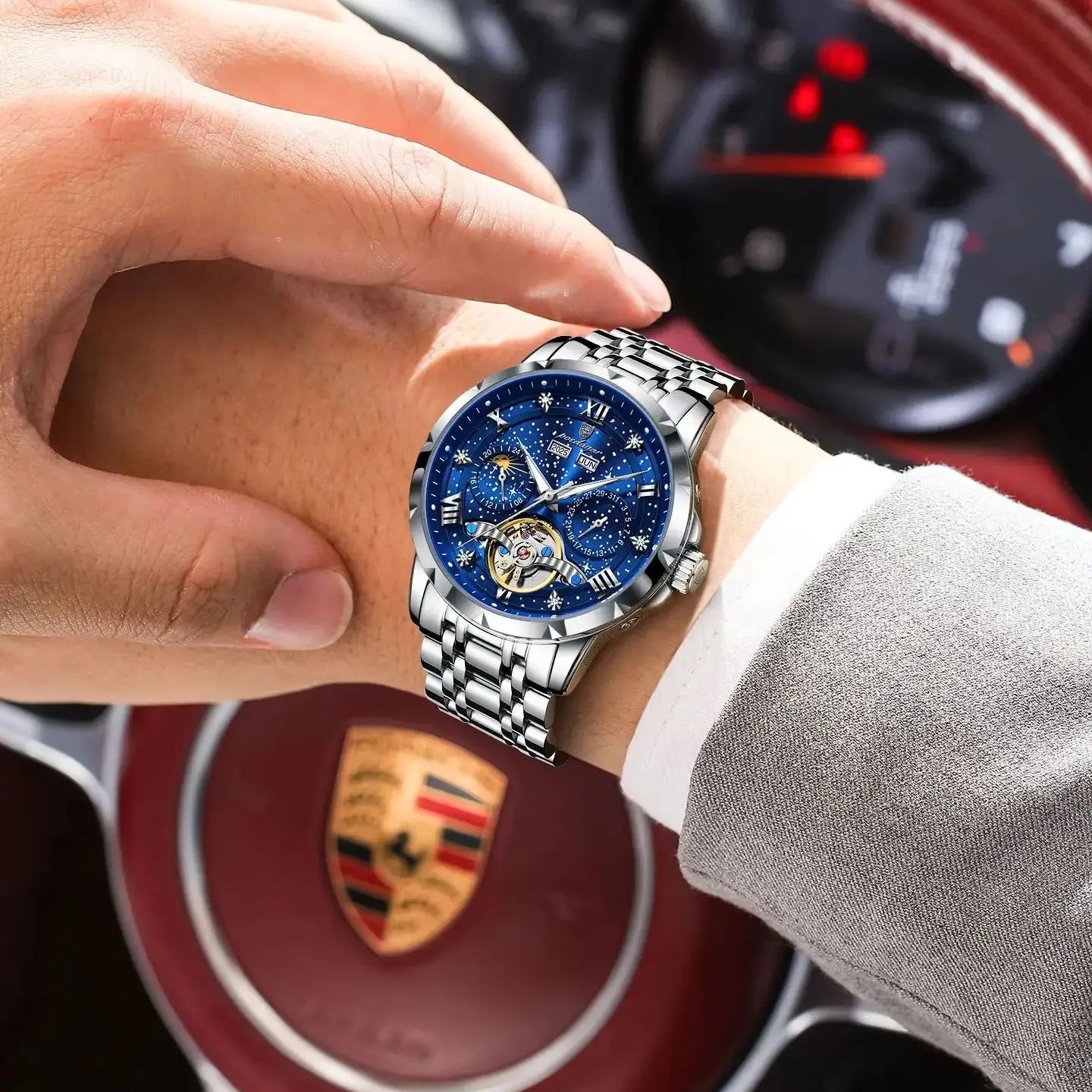 POEDAGAR Top Original Men Clock Automatic Mechanical Stainless Steel Men's Watches Calendar Hollow Tourbillon Man Watch Male+Box