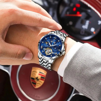 POEDAGAR Top Original Men Clock Automatic Mechanical Stainless Steel Men's Watches Calendar Hollow Tourbillon Man Watch Male+Box