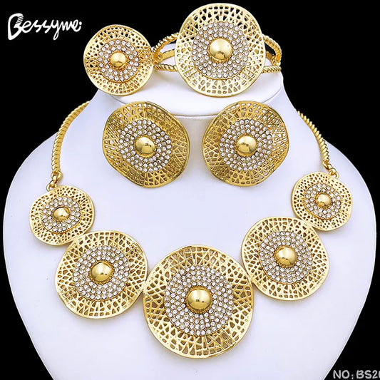 Unique Dubai Gold Color Jewelry Set Round Necklaces Women Jewelry 18k Gold Plated Wedding Party Accessories Free Shipping