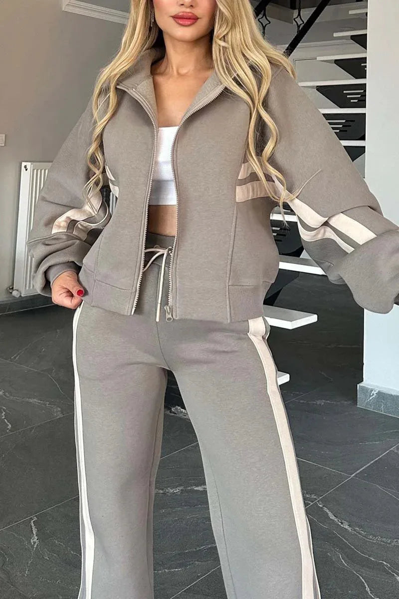Autumn Winter Women's New Hoodie Suit Y2K Striped Zipper Loose Fit Jacket Outwear And High Waist Side-striped Pants Sports Sets