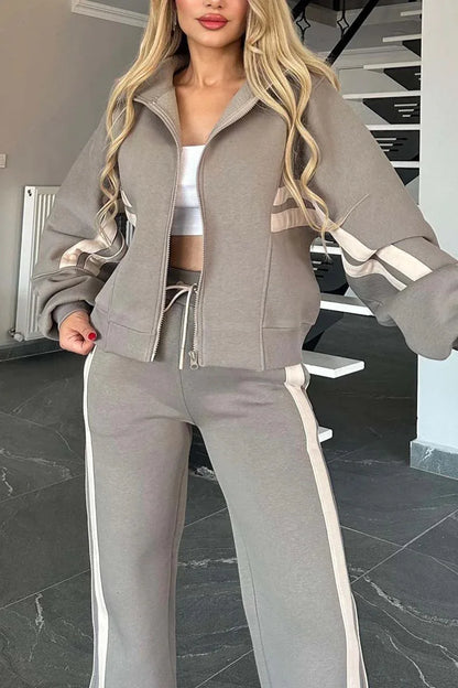 Autumn Winter Women's New Hoodie Suit Y2K Striped Zipper Loose Fit Jacket Outwear And High Waist Side-striped Pants Sports Sets