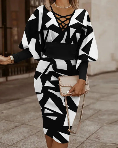 Elegant Long-sleeved V-neck Waist Dress For Women Fashionable Autumn Winter Slim Vintage Printing Hip-covering Dresses Female