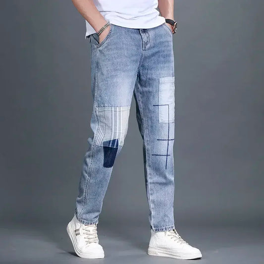 Male Cowboy Pants Aesthetic Jeans for Men Straight Trousers Spliced Light Blue Denim Casual Classic Korean Fashion Designer 2023