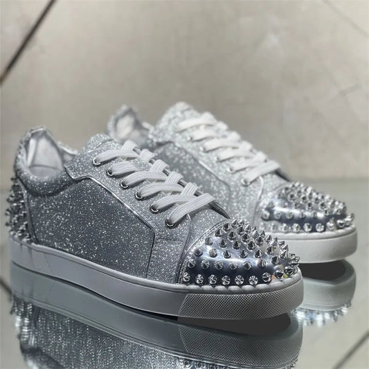 Fashion Luxury Brands Red Bottom Low Top Silver Crystal Rivet Shoes For Men's Casual Flat Loafers Women's Wedding Party Sneakers