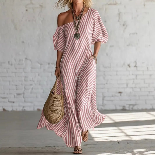 Summer Woman Dress Long Striped Off Shoulder Dresses Short Sleeve Maxi Dress Wrap Style Pink Striped Shirt Dress 's Women's