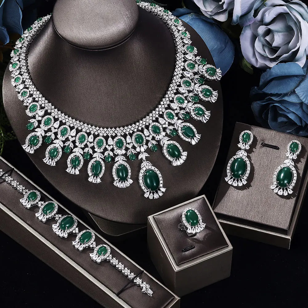 Ingenious 4PCS Luxury Green Purple Set For Women Wedding Cubic Zircon CZ African Dubai Bridal Jewelry