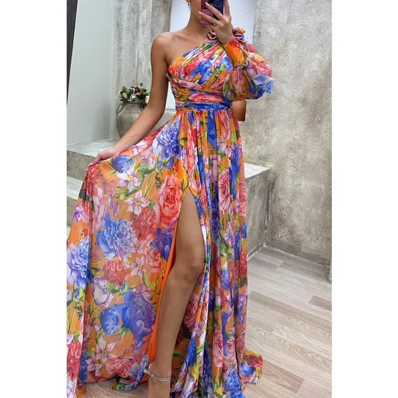 New Fashion Hot Selling Casual Slit Dress for European and American Gatherings INS Loose Multicolor Sloping Shoulder Dress