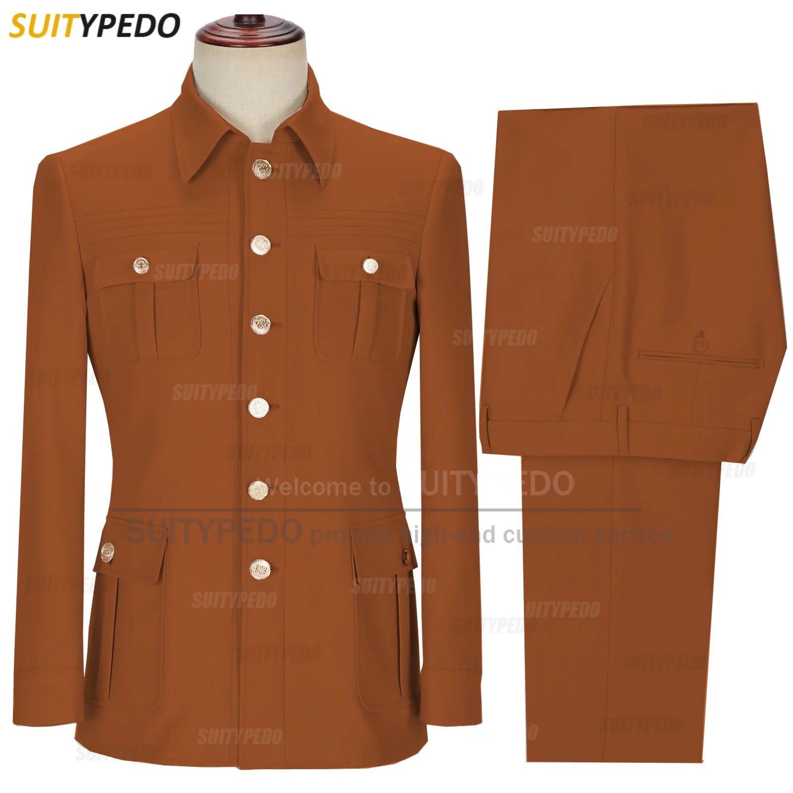 New Arrival  Elegant 2 Piece Slim Fit Men's Suits Fashion Four Pocket Wedding Party Suits（Blazer+Pants) Gold Button Texudos
