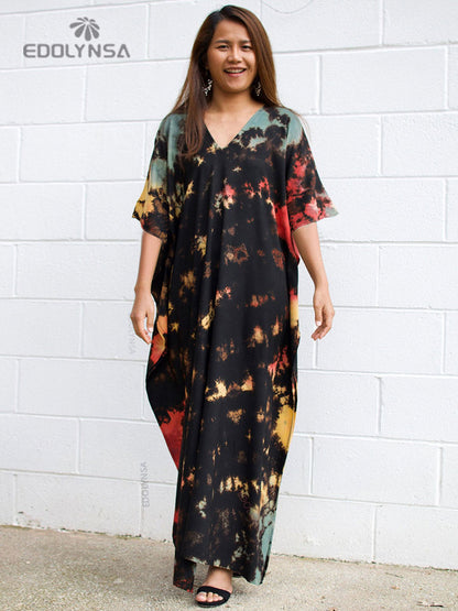Bohemian Printed V-neck Batwing Sleeve Side Split Loose Dress For Women Clothes Plus Size Beachwear Maxi Dresses Q1218
