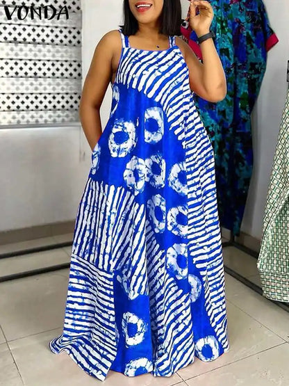 Sexy Sleeveless Dress Bohemian Printed Party Maxi Long Sundress  VONDA Summer Tank Vestidos Beach Loose Casual Robe Oversize