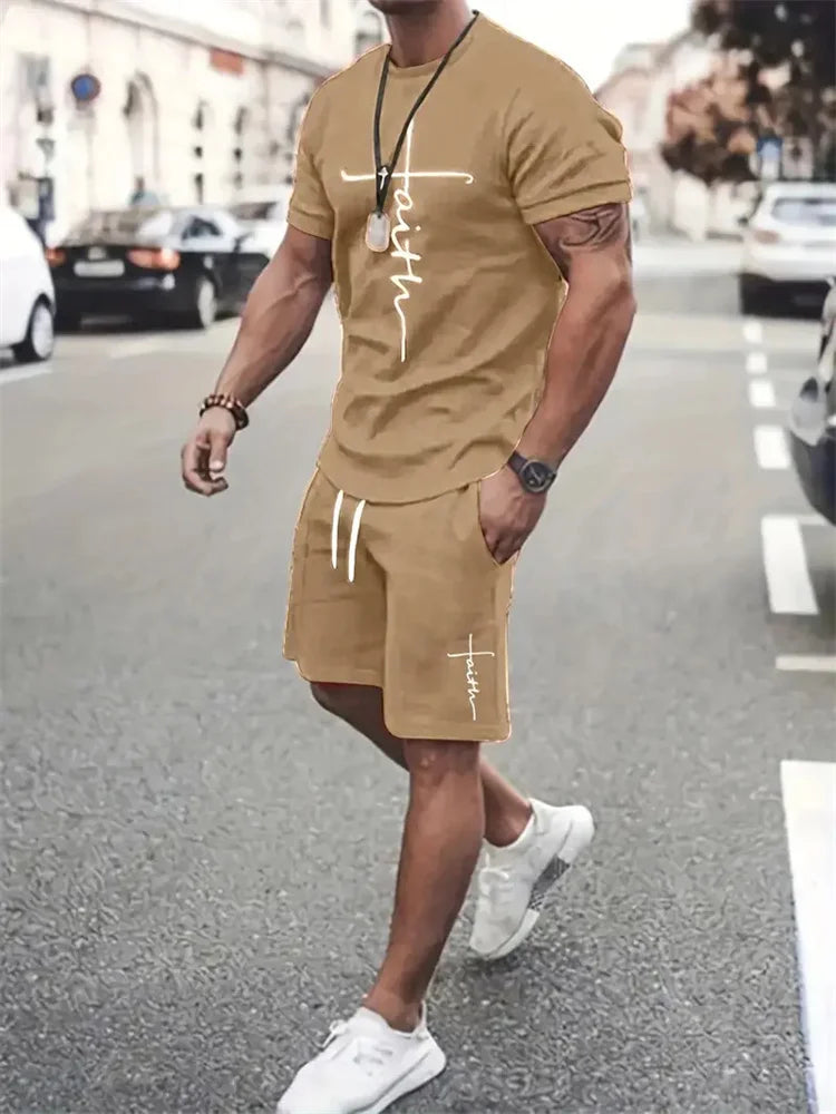 Mens T Shirt Shorts Set Fashion Mens Cross Printed Short Sleeve Two Pieces Oversized Outdoor Beach Sports Men's Plus Size Suit