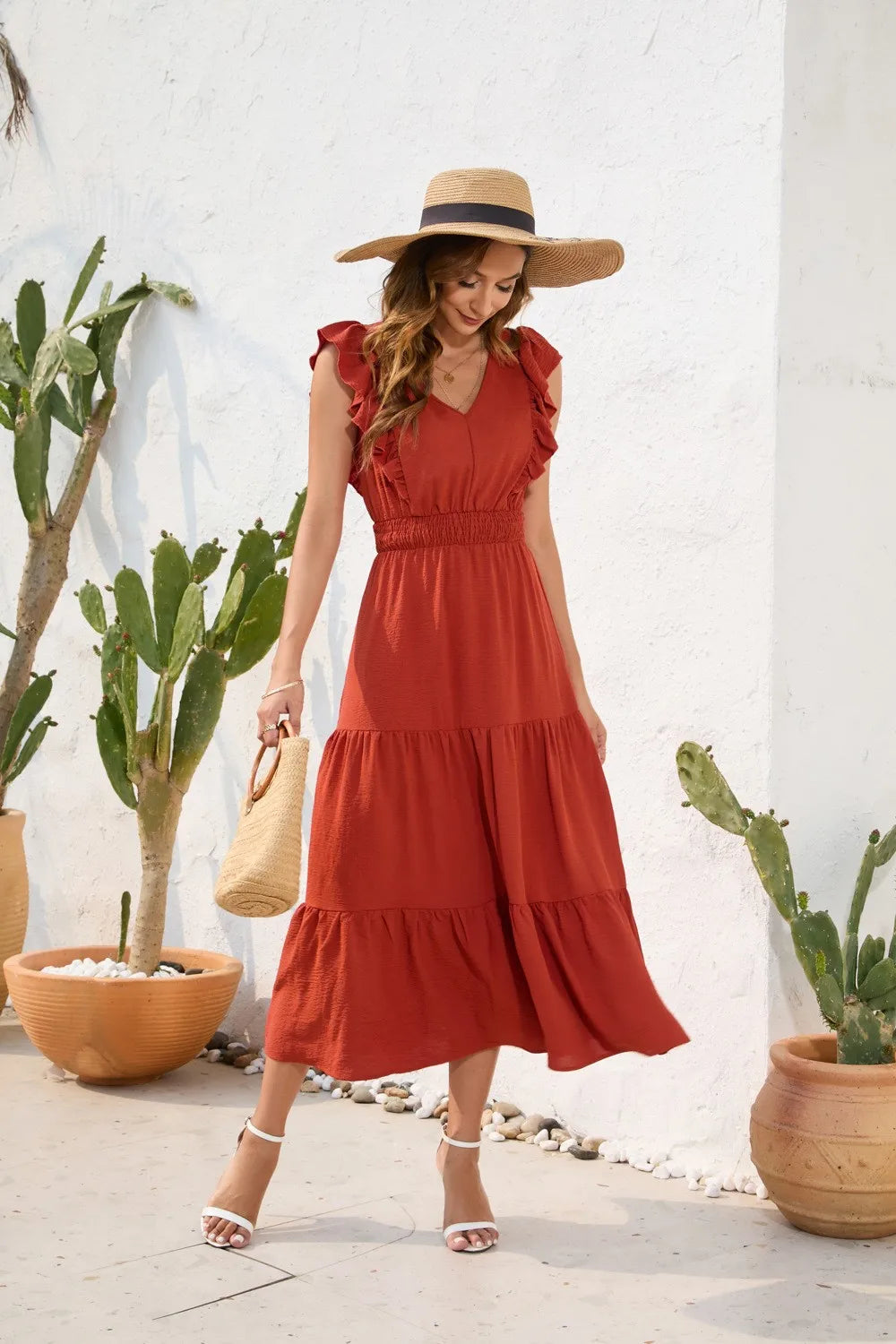 Summer Woman Dress V Neck Sleeveless Red Dresses High Waist A Line Green Maxi Dress Tiered Skirt Boho Black Casual Dress