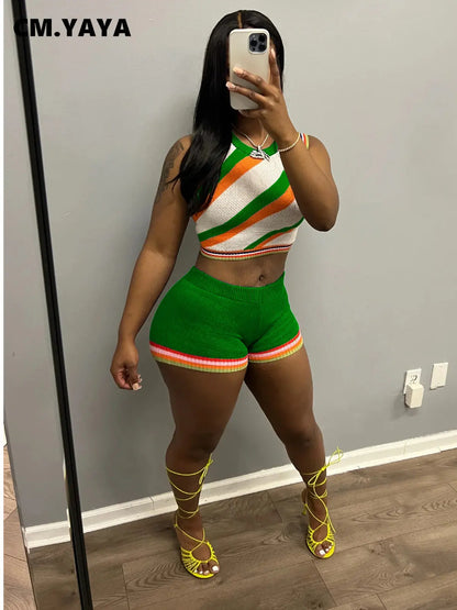 CM.YAYA Knit Ribbed Fashion Women's Set Striped Tank Top and Shorts Suit  Summer Chic Two 2 Piece Set Outfit Tracksuit