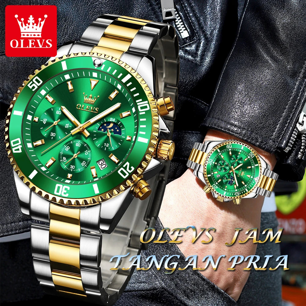 OLEVS 2870 Men's Watches Moon Phase Steel Calendar Chronograph Original Quartz Watch Big Rota Dial Luxury Sports Wristwatches