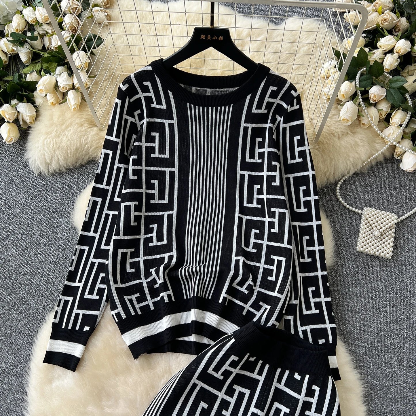 SINGREINY Geometric Maze Print Two Pieces Suits Autumn Winter O Neck Sweater+Long Pants Women Casual Fashion Knitting 2pcs Sets