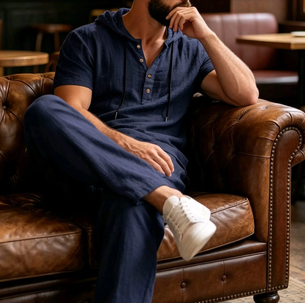Men's Summer Casual Linen 2 Piece Outfit Short Sleeve Hoodie & Loose Pants Set Breathable Tracksuit for Beach Daliy Streetwesr