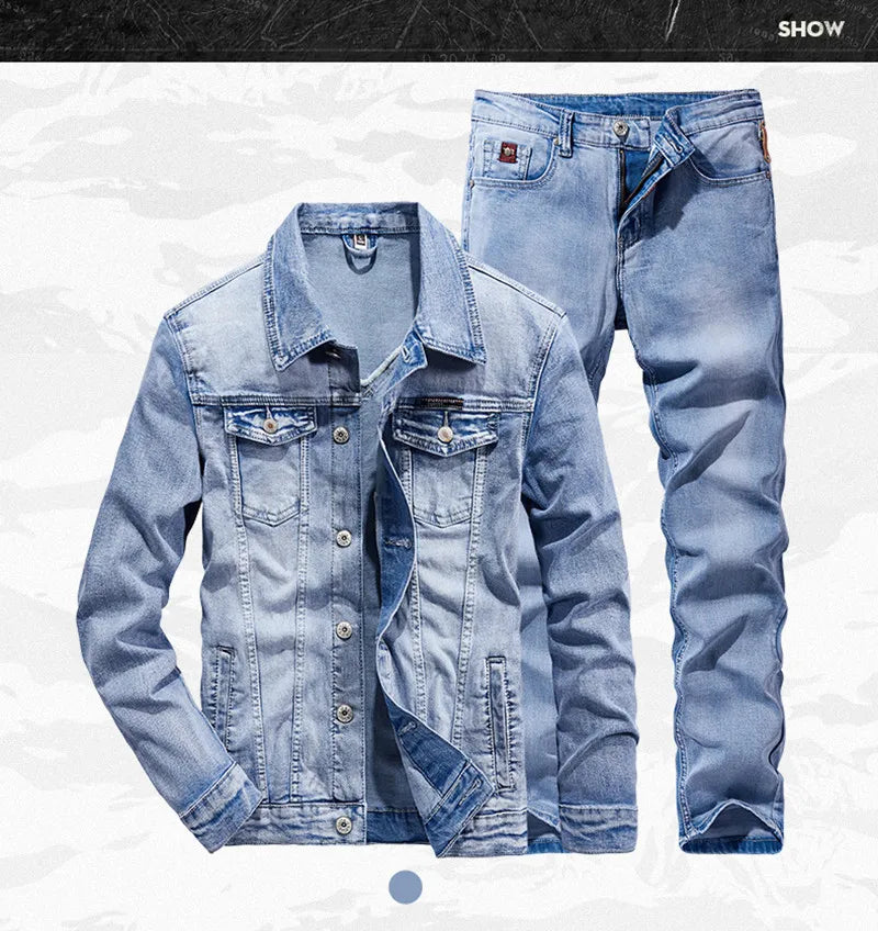 Frühling Herbst Denim Anzug Herren Slim Micro-Stretch Zweiteiler Frühling und Herbst Jacke Jeans