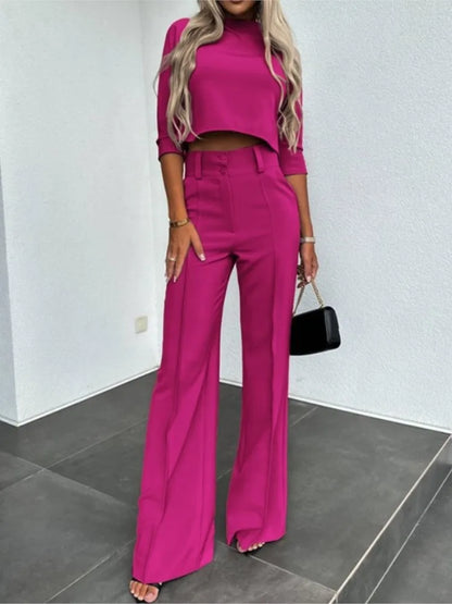 Elegant Office Lady Suits Fashion Solid Color Two Piece Set For Women Casual Crop Top+high Waist Pants Women's Sets  Autumn