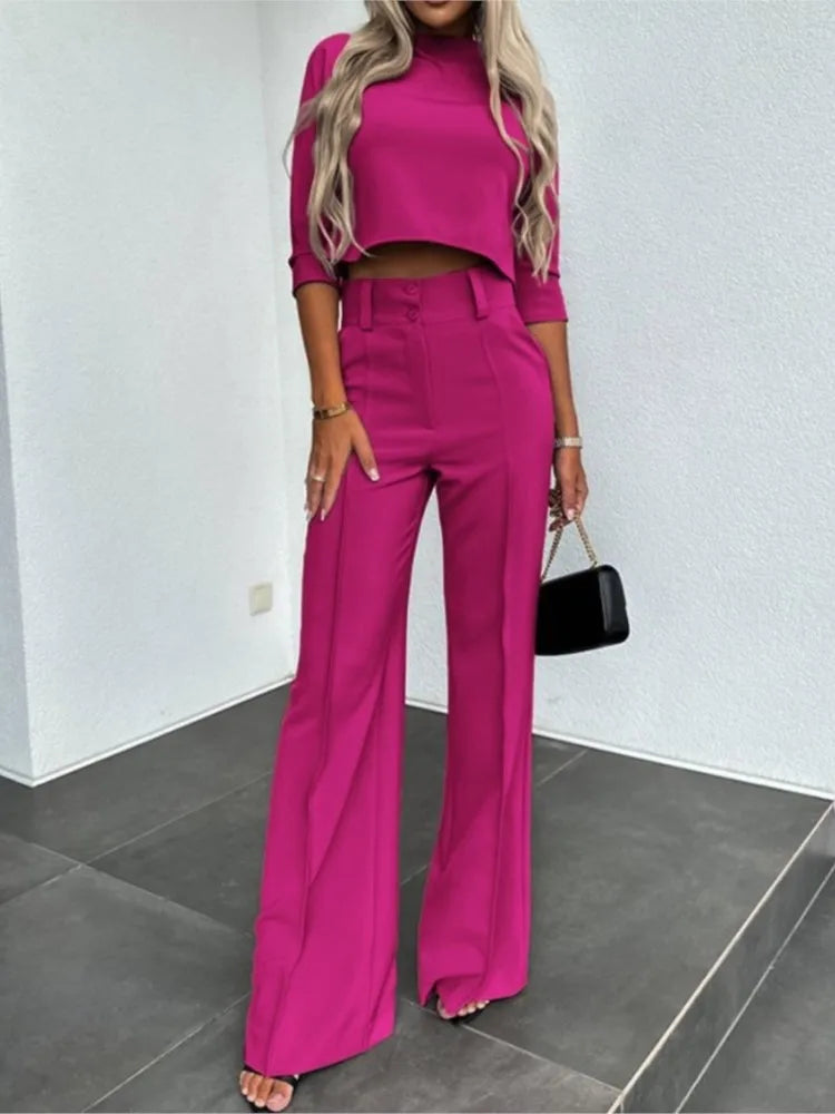 Elegant Office Lady Suits Fashion Solid Color Two Piece Set For Women Casual Crop Top+high Waist Pants Women's Sets  Autumn