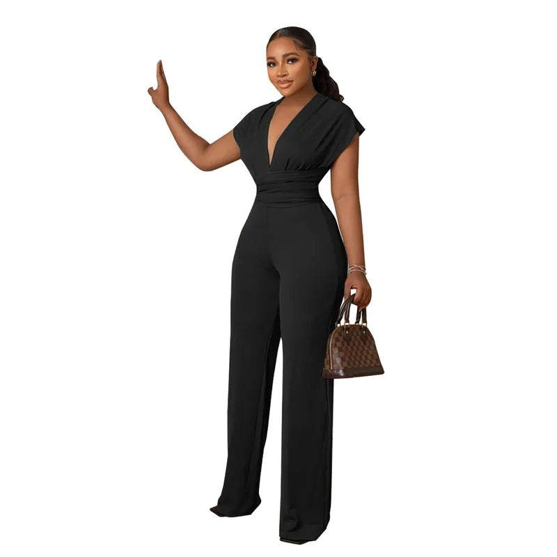 2024 New Fashion Simple and Elegant Low Cut Solid Color Waist Women's Jumpsuit